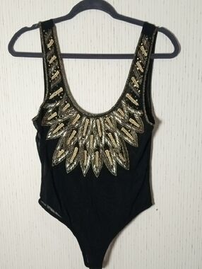 Hours Black Bodysuit with Gold Beaded Neckline Holidays, Cruise, Ballroom Dancer